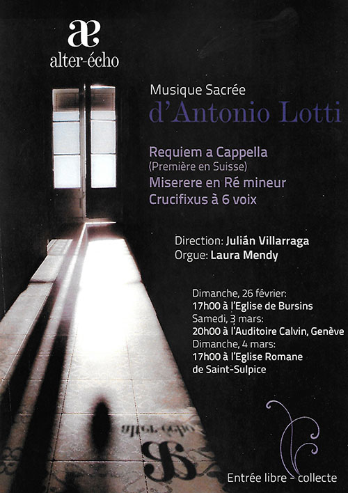 Musique chorale d'Antonio Lotti, programme de l'ensemble vocal alter-echo